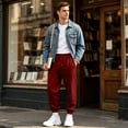 thumbnail image 6 of Men's Sweatpants Trendy Elastic Waist Drawstring Cuffed Jogging Pants Loose Lounge Casual Sweat Pants for Outdoor Sports with Pockets Wine M, 6 of 7