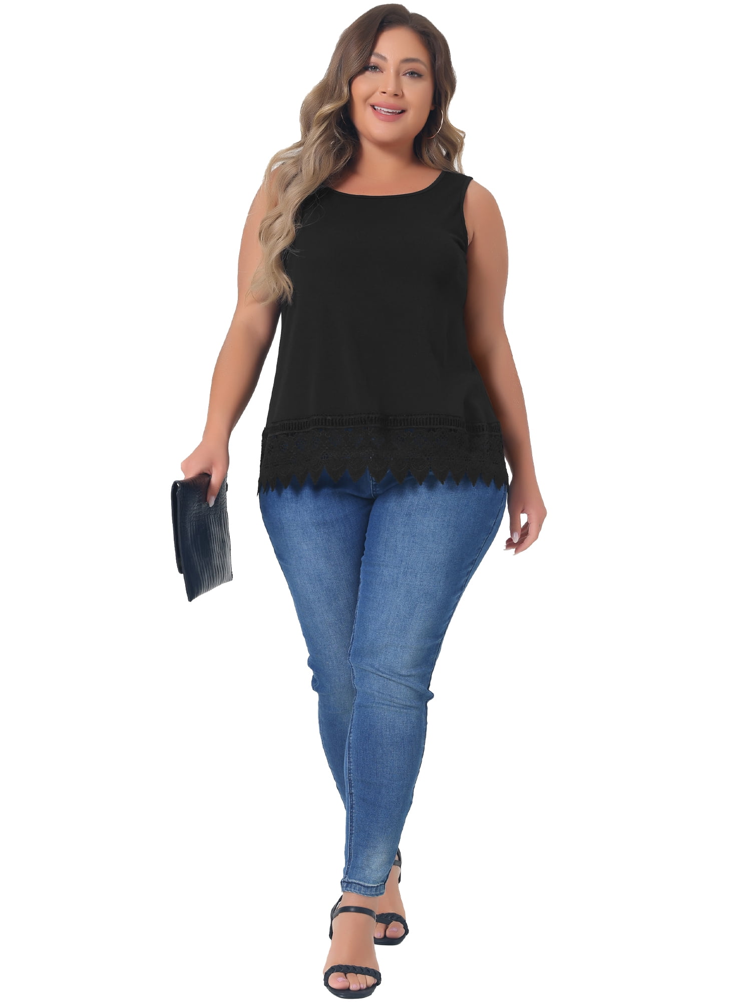 DARING DIVA Women's Plus Tank Tops Round Neck Swing Lace Panel Flowy Tops 2X Black