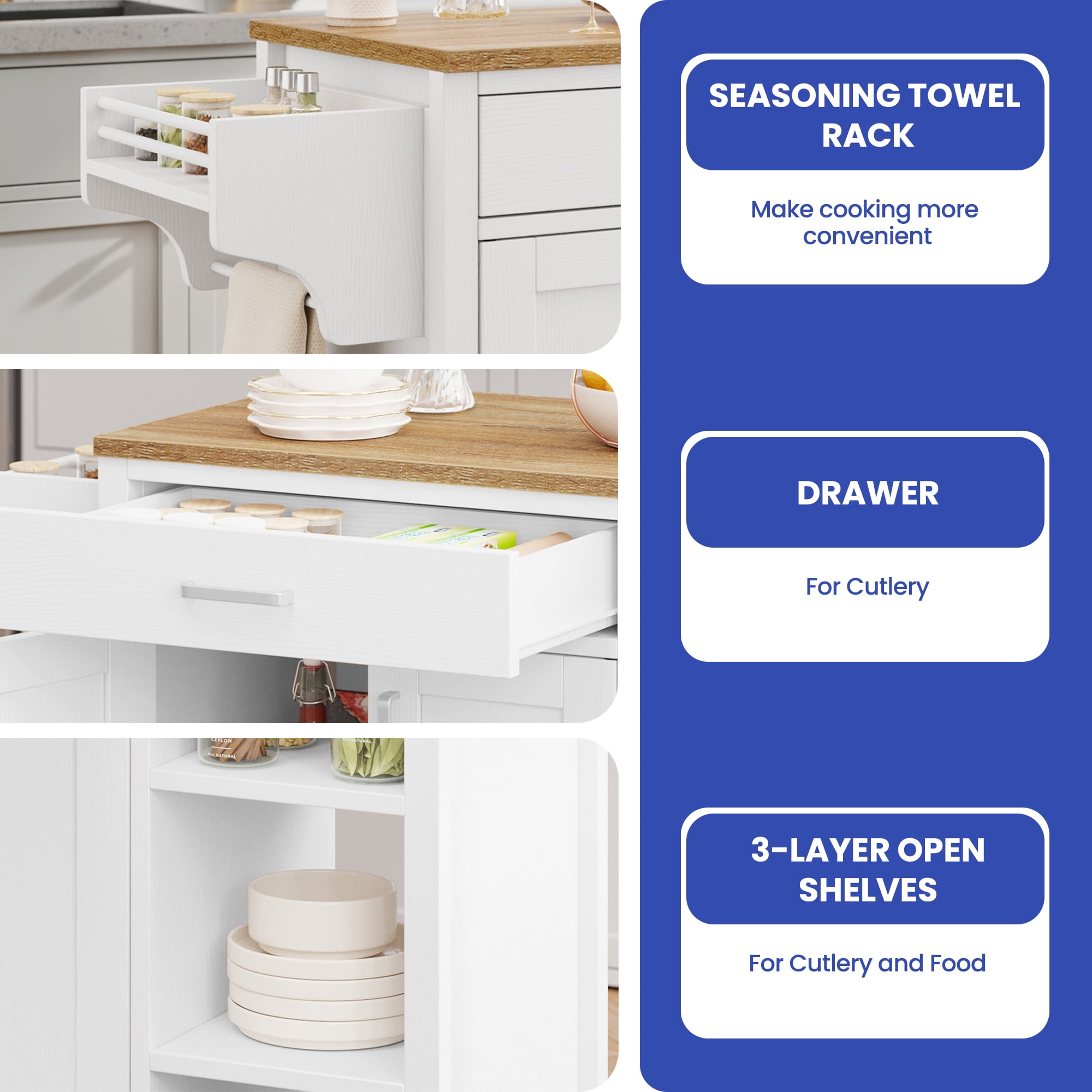 ModFusion 35" Rolling Kitchen Island Cart – 2 Doors, Drawer, Open Shelves, Spice & Wine Racks, Locking Wheels