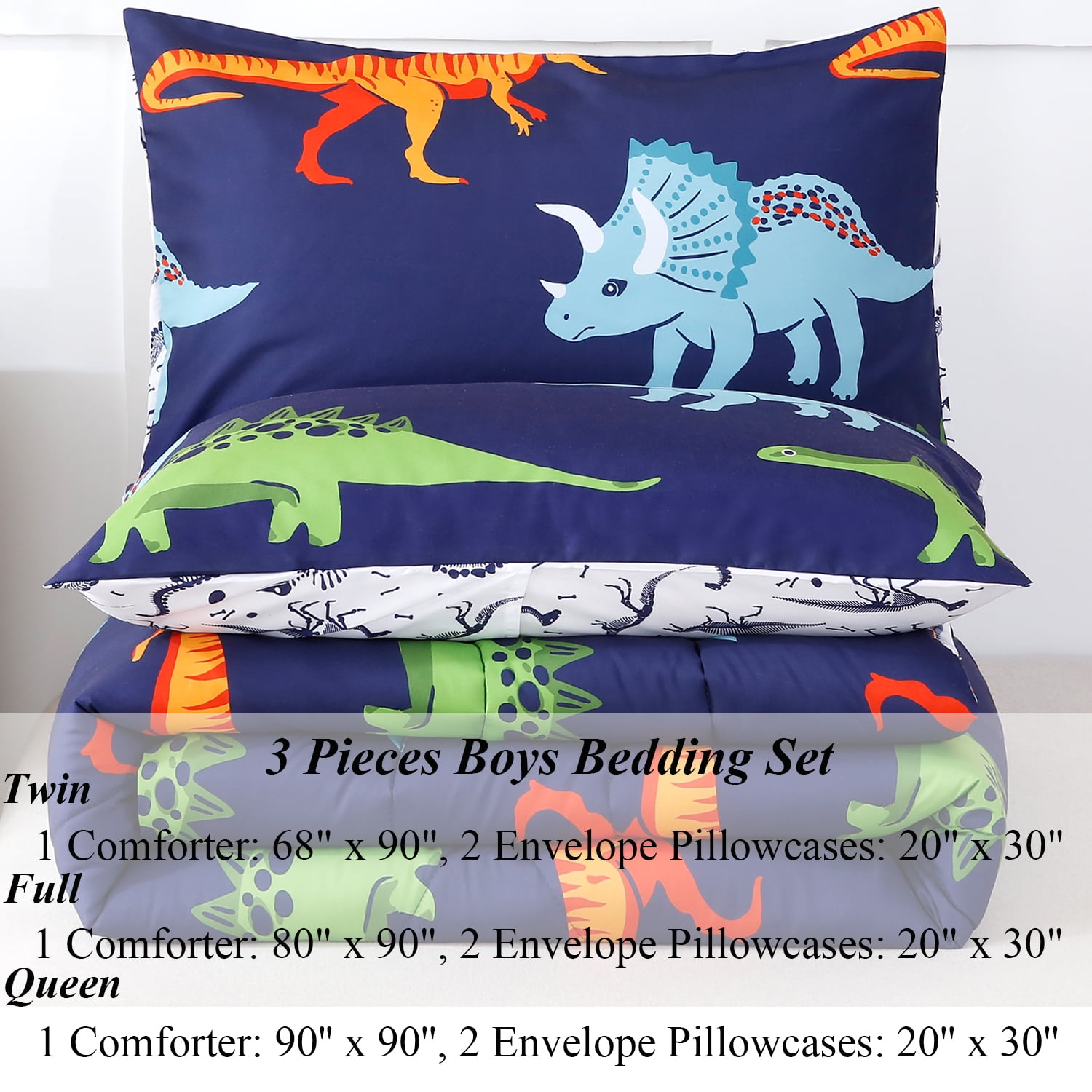 URBONUR 3 Pcs Dinosaur Twin Size Bedding Sets for Boys, Dinosaur Printing Boys Comforter Set, Blue and White Reversible Bed Comforter Set for Kids/Toddlers/Teens