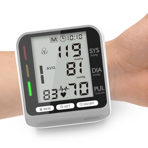 Monitor de presión arterial de muñeca con pantalla LCD grande de 4.7 pulgadas, ideal para adultos mayores. Almacena hasta 99 mediciones para dos usuarios, con indicador de luz tricolor para un rápido