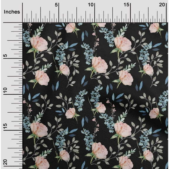 oneOone Cotton Silk Black Fabric Flower & Leaves Watercolor Craft Projects Decor Fabric Printed By The Yard 42 Inch Wide