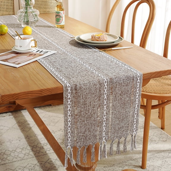 Coloody Farmhouse Table Runner Handmade Tassel Rustic Linen Table Runners, 13 x 108 inch (Brown)