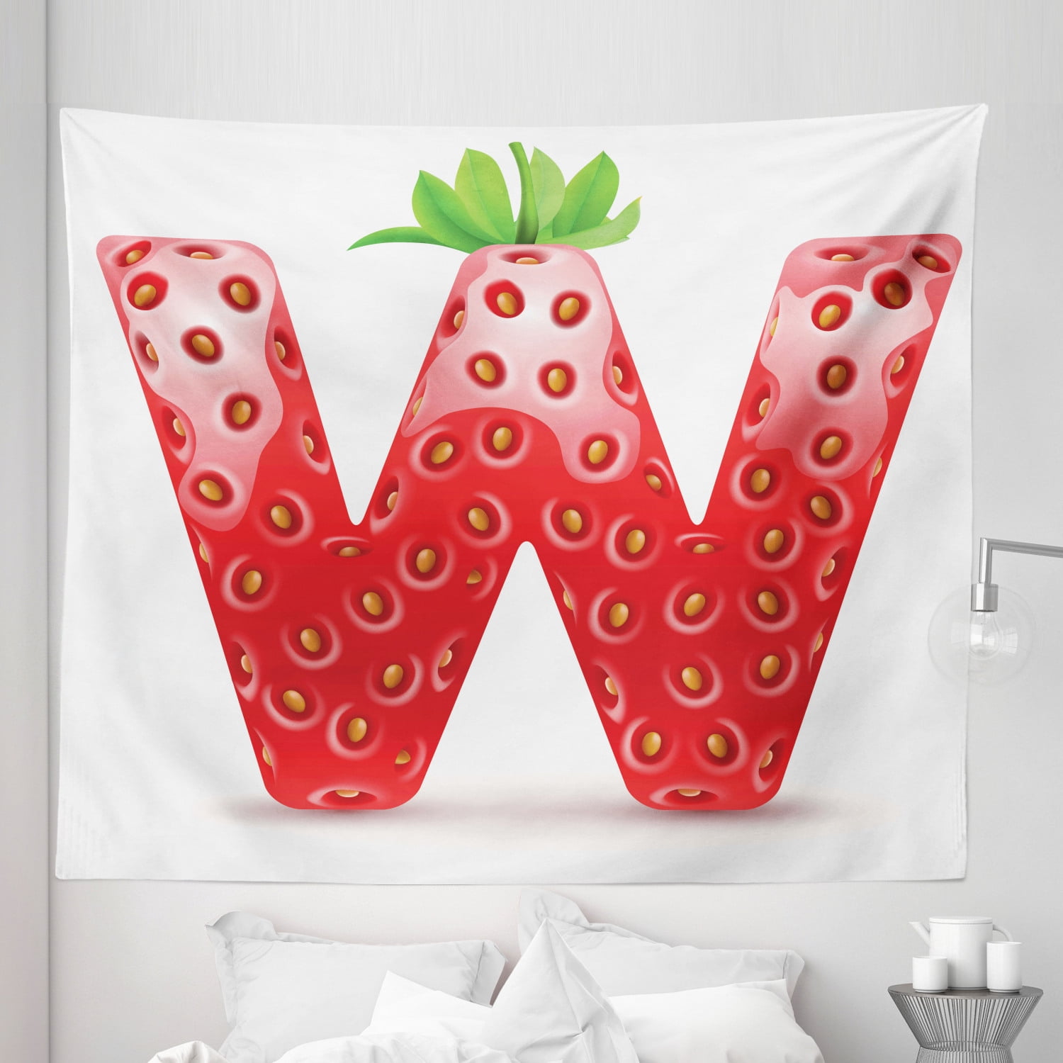 Letter W Tapestry, Capital W with Strawberry Green Leaves Harvest Yield ...