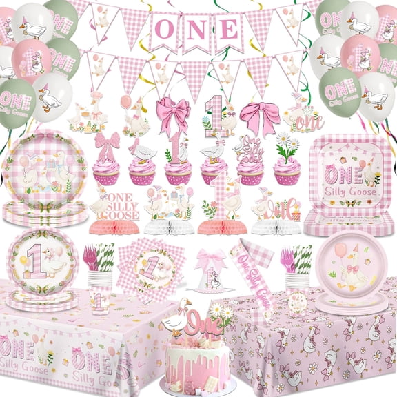 One Silly Goose Birthday Decorations 1st Pink Goose Themed Party Supplies with Banner Paper Plates Napkins Cake Topper for Girls Birthday Party Decorations Serves 26