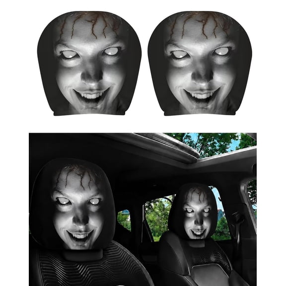 2Pcs Scary Face Headrest Covers, Horror Face Print Polyester Universal Fit Headrest Covers for Car Decor Prank Car Accessories (Type B)
