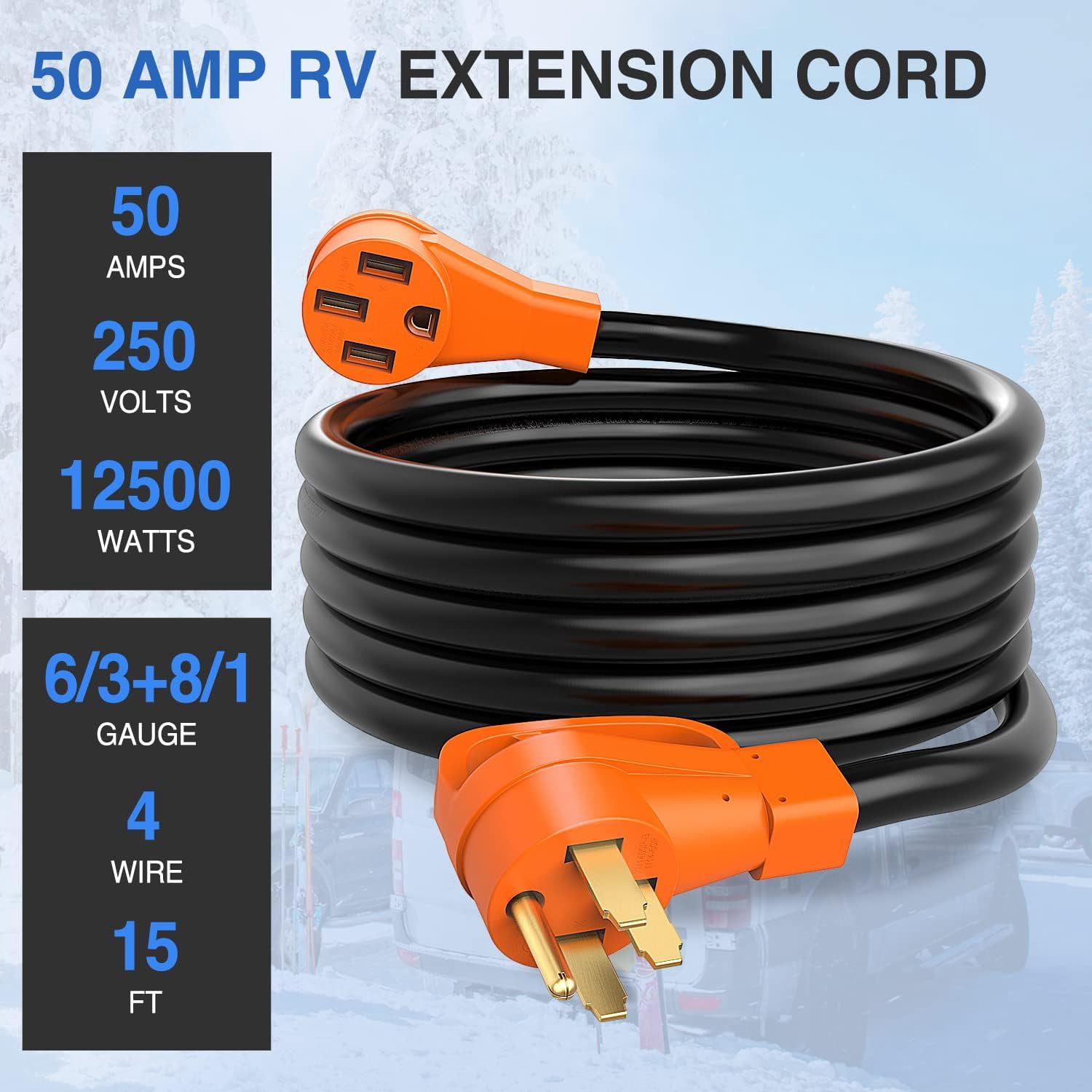 Nilight 50 Amp15FT RV EV Extension Cord 250V Heavy Duty 6/3+8/1 Gauge Pure Copper STW Wire UL ETL Listed 4 Prong 14-50P 14-50R 50F/50M Cable Suit for EV Charging RV Trailer Campers, 2 Years Warranty
