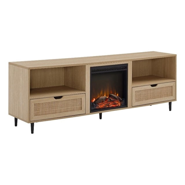 Pemberly Row 70" Modern Wood Fireplace Console with Rattan Door - Oak