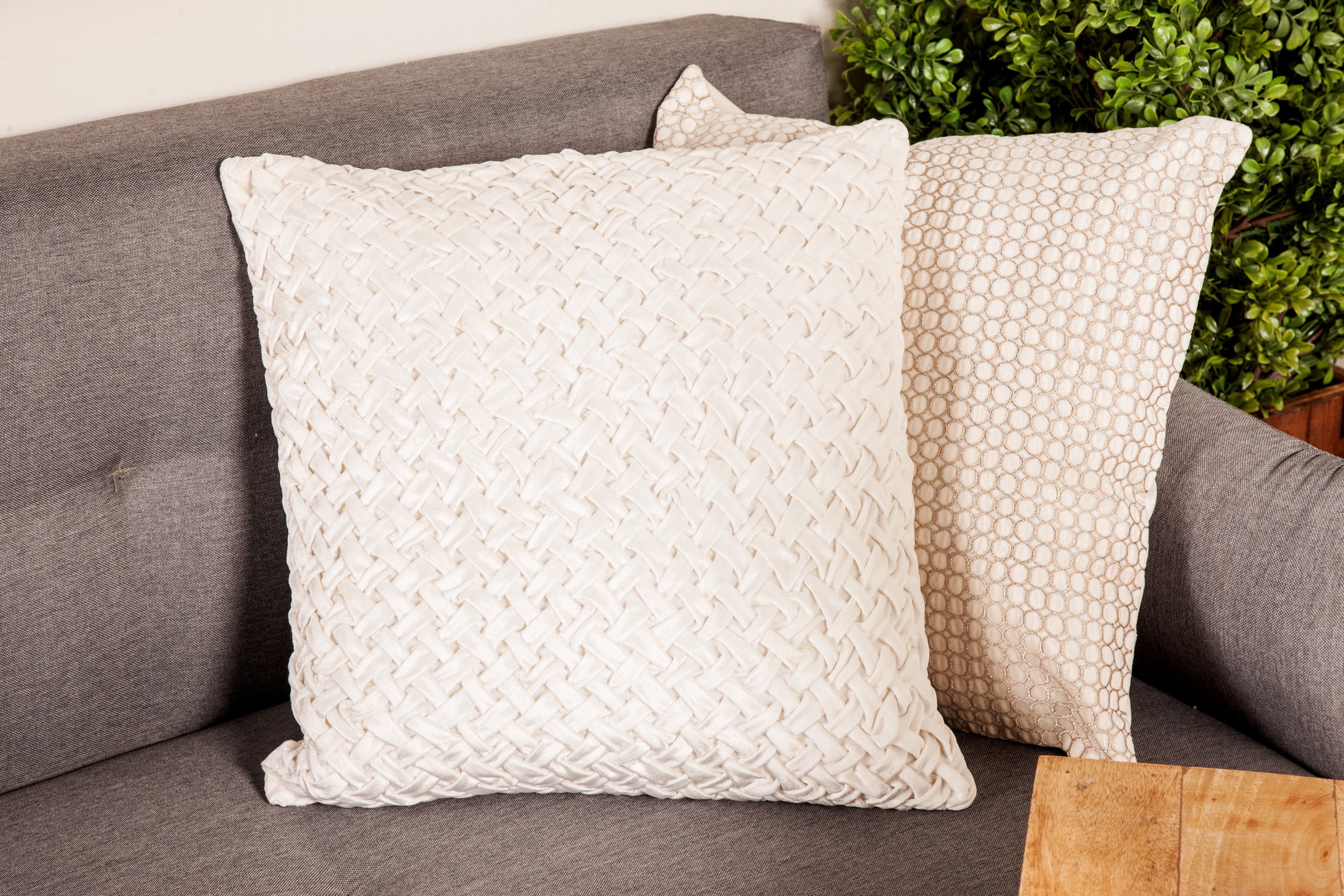 Decmode Large White Square Throw Pillow with Smocked Basket Weave