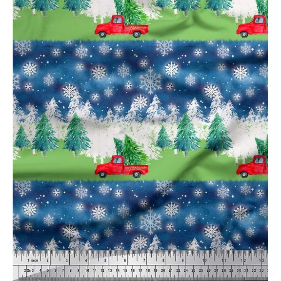 Soimoi Blue Silk Fabric Car & Pine Tree Nature Print Sewing Fabric Yard 42 Inch Wide