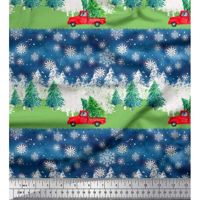 Soimoi Blue Rayon Crepe Fabric Car & Pine Tree Nature Print Fabric by the Yard 46 Inch Wide