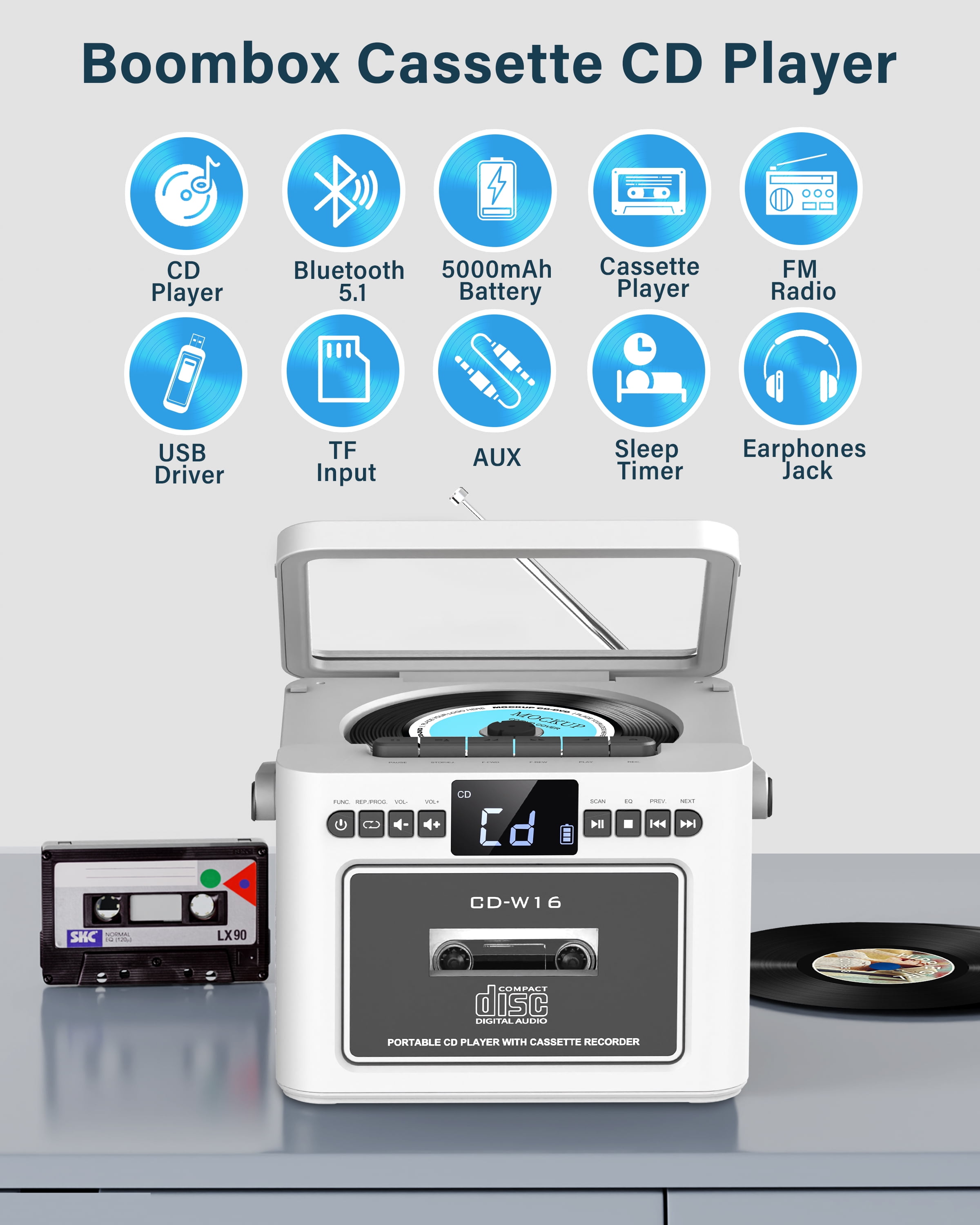 Greadio 5000mAh Rechargeable CD Player Boombox Cassette Player Combo with Bluetooth, FM, Music