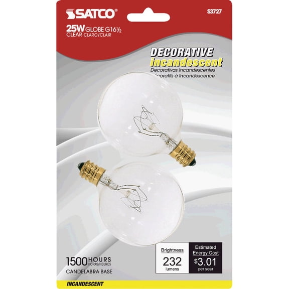 Sylvania Decorative Incandescent Lamp G16.5 - 25 W, 120 V, Candelabra E12