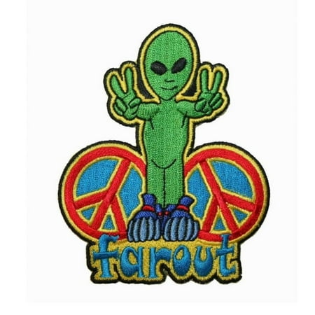Out Embroidered Patch - Far Out Alien Peace Sign Patch UFO Hippie Groovy Embroidered Iron On Applique