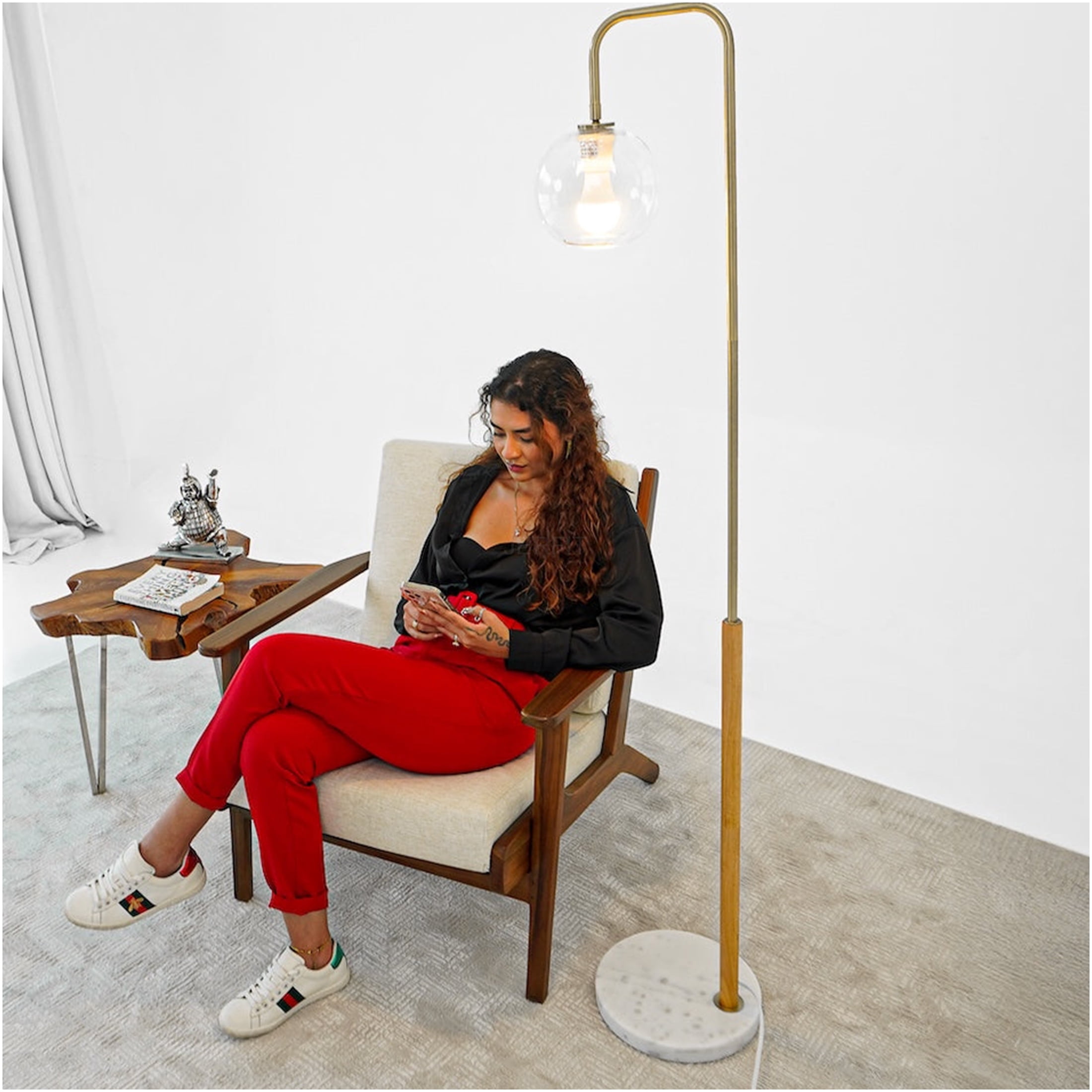 JERFIT Modern Floor Lamp for Living Room, Tall Corner Standing Light with White Marble Base and Shade, Warm Ambient Illumination for Bedroom Office Reading Nook, Plug-In 110V