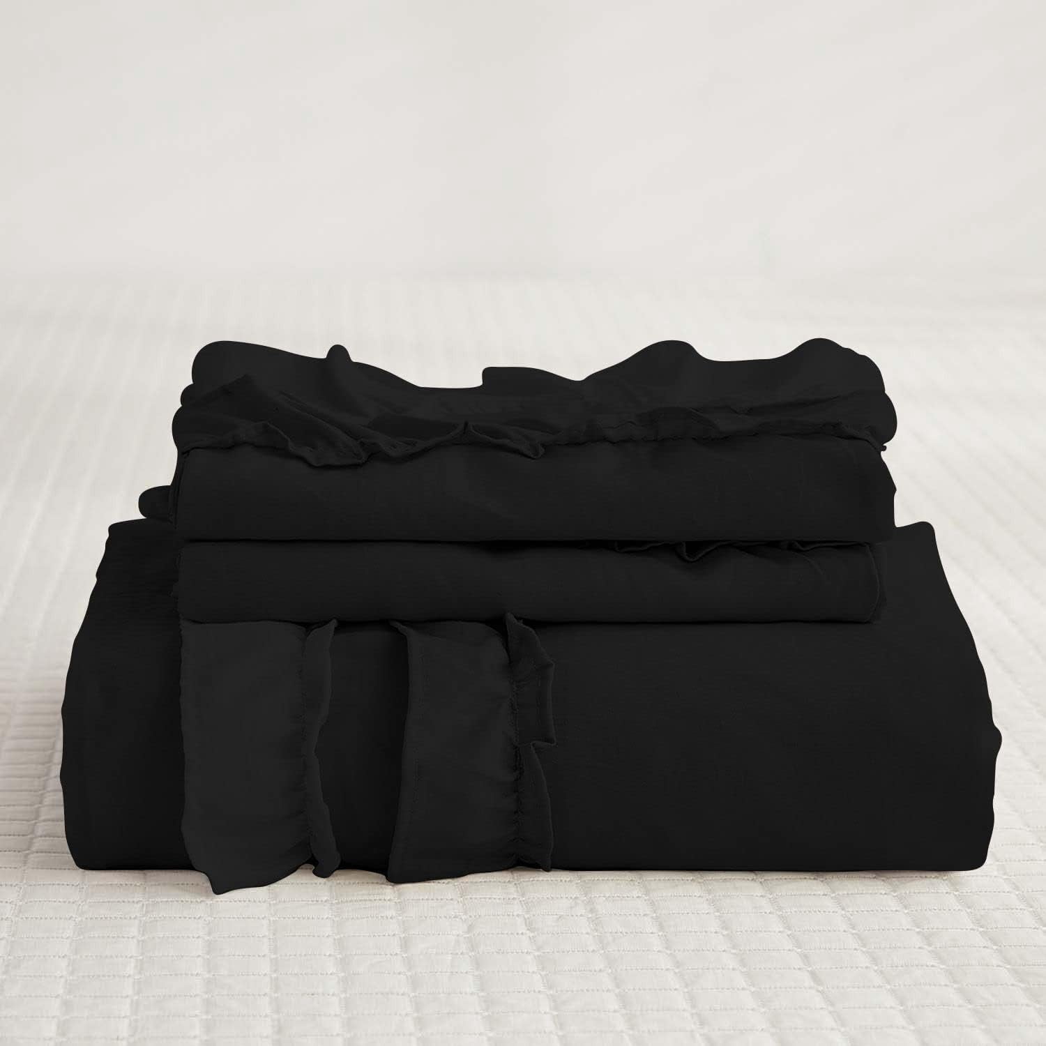 D.N.G. BEDDINGS Luxurious 3 Piece Double Ruffle Duvet Cover With Zipper Closure, 100% Egyptian Cotton, 800 Thread Cotton Super King Size Black Solid