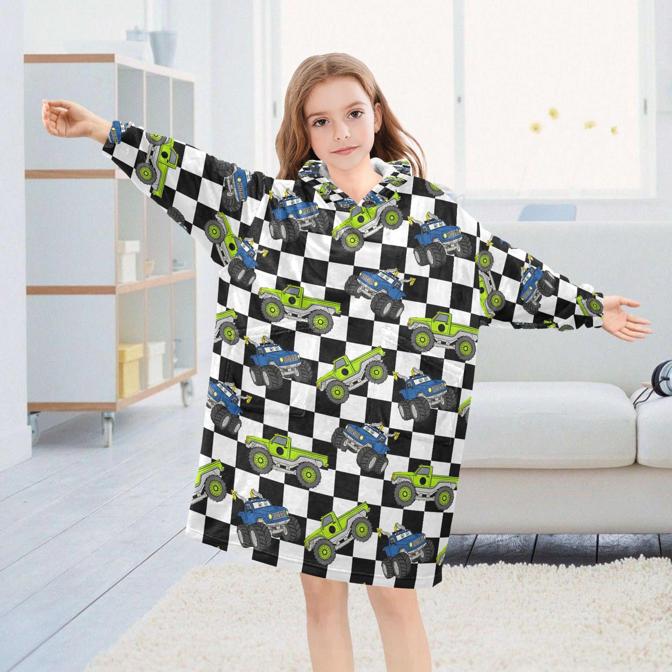 joogoo Wearable Blanket Hoodie for Cartoon Vehicle Car Checkered Flannel Sherpa Pocket 3-14 YR S