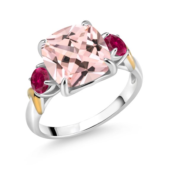 Gem Stone King 925 Silver and 10K Yellow Gold Peach Nano Morganite and Red Created Ruby 3 Stone Ring for Women (4.82 Cttw, Gemstone October Birthstone, Cushion 10MM, Round 4MM, Size 9)