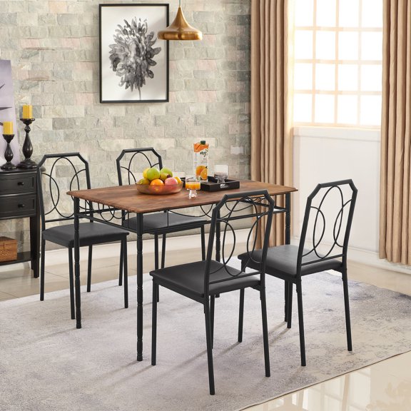 VECELO 5-Piece Dining Table Set with 4 Chairs, Wooden Dining Table for Home Kitchen Breakfast Nook, Brown