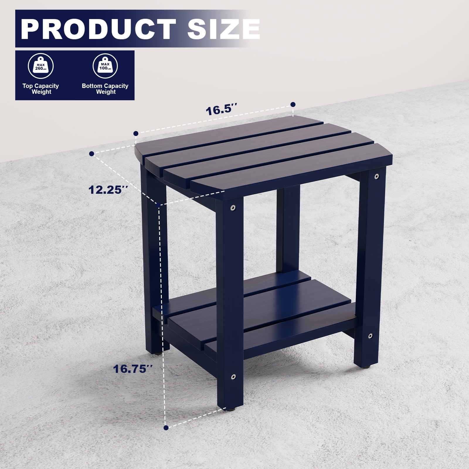 Indoor Outdoor Mid-Century Weather-Resistant Pine Wood Rectangle End Table, Navy Blue (2PCS)