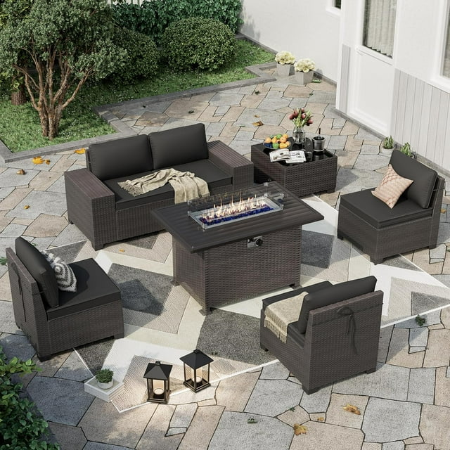 Kullavik Patio Furniture Sectional Sofa Set 7-Pieces PE Rattan Patio Conversation Set w/43in Gas Fire Pit Table, Outdoor Furniture with 55000 BTU Propane Fire Pit, Black