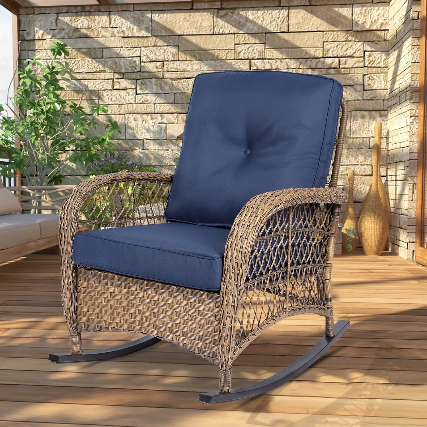 W WARMHOL Outdoor Wicker Rocking Chair with Thickened Cushions, All-Weather Rattan Patio Rocking Chairs, Rocker Wicker Chair for Porch Garden & Backyard, Beige