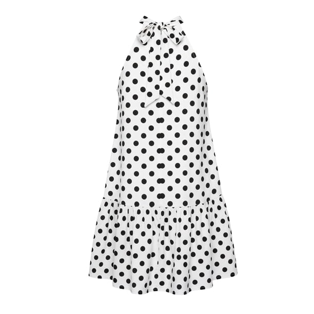 Blmnix Fit & Flare Women Dresses Off the Shoulder Polka Dot Dress Petticoat White Sleeveless Mini Halter Antimicrobial Protection Womens Summer Dress,M