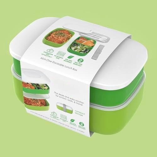 Classic - Adult Bento Box, Stackable 3-Compartment Lunch Box with Removable Utensil Set and Sealing Strap, BPA-Free, Food Container Ideal for Meal Prep, Work, and On the Go (Green)