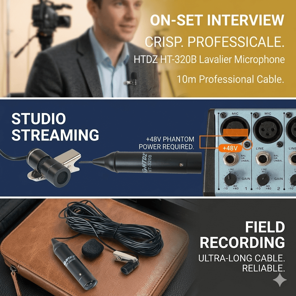 HT-320B Professional XLR Lavalier Lapel Microphone with 10M Shielded Cable Omnidirectional Condenser Mic for Mixer & Audio Interface