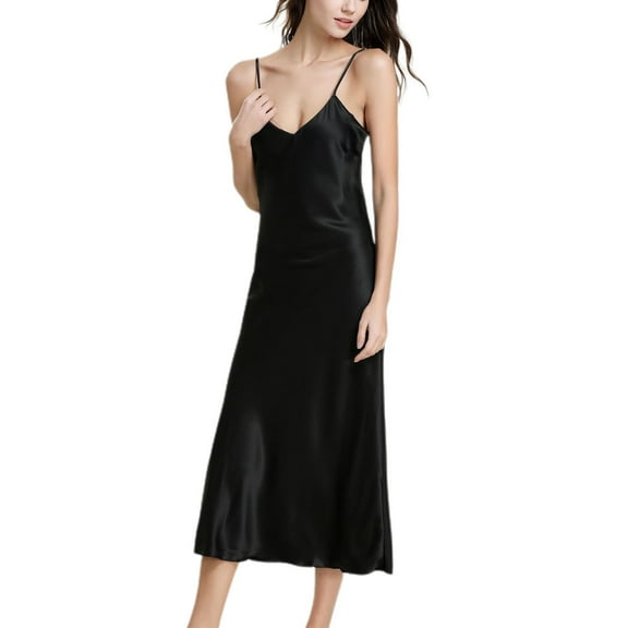 Previn Women's Sexy Satin Nightgown Chemise Negligee Lingerie Slip nightdress Valentines Day Pjs Halloween Satin Summer Long Silky Cool Fall Lightweight Black Large
