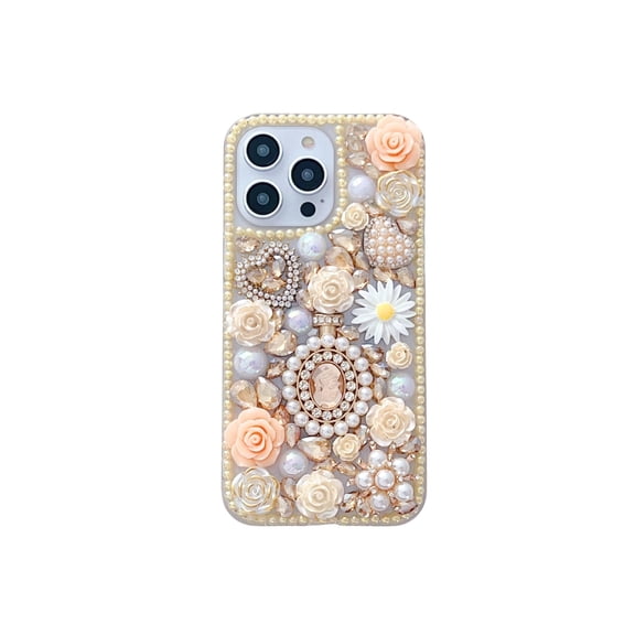 SaniMore Case for iPhone 14 Pro (6.1 inch 2022 Release), 3D Pearls & Flower Love Heart Backplane Luxury Sparkle Girly Protective Shockproof Anti-drop Silicone Clear For iPhone 14 Pro, Gold