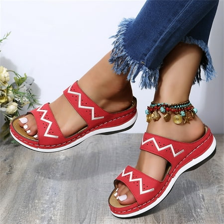 

Cathalem Sandals Wave Toe Shoes Round Toe Shoes Beach Pattern Open Women s Wedge Women s sandals Bare Sandals for Women Tan Red 9.5