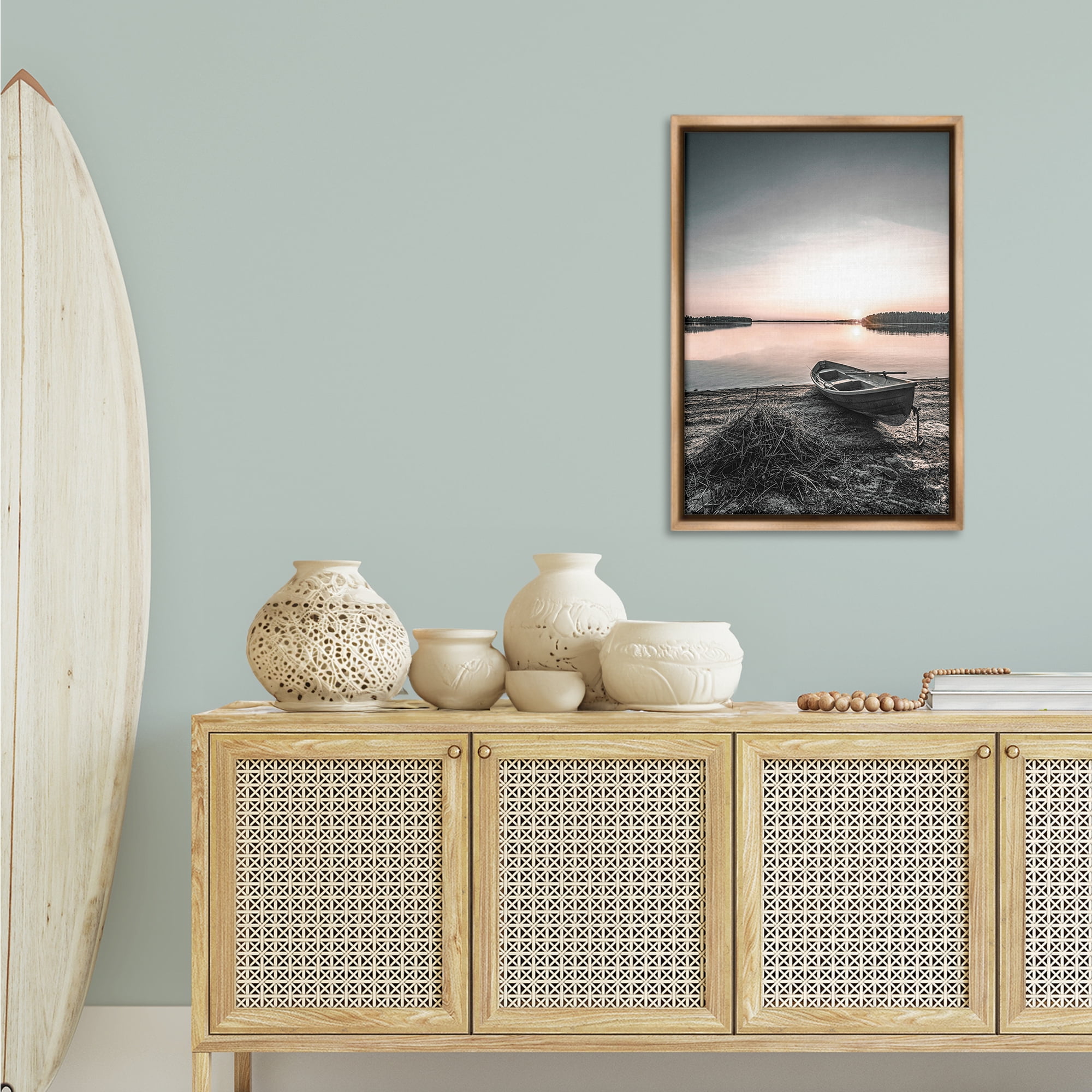 Stupell Industries Deserted Canoe on Shore Landscape Photography Brown Floater Framed Canvas Art Print Wall Art, 21 x 31