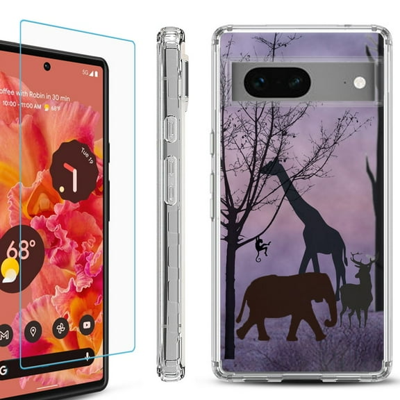 OneToughShield ® for Google Pixel 7a Shockproof Bumper Phone Case, with Tempered Glass Screen Protector - Twilight Safari