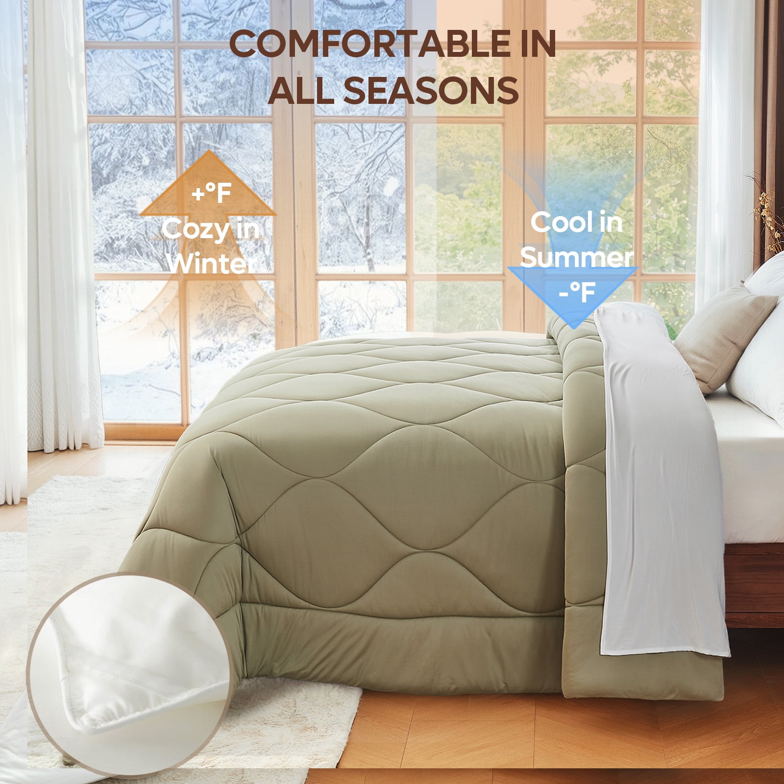 Bestier Sorona Eco Fabric Queen Size Comforter | All-Season Boho Duvet Insert with Anti-Clump Tech | Luxury Hotel Winter Warm Close-Fitting Down Alternative, Olive Green (90x90 inches)