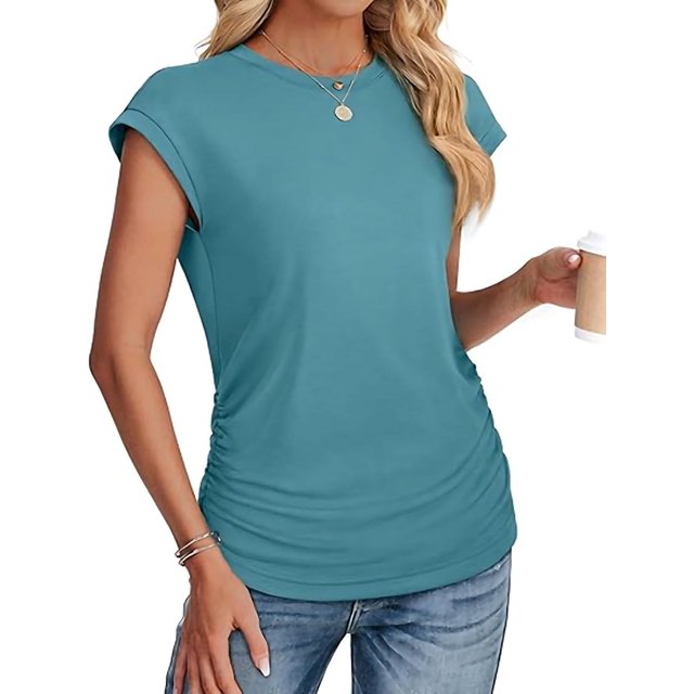 Womens Summer Tops Ruched Cap Short Sleeve Tshirts Shirts Crew Neck T Shirts Fashion Peacock blue XXL