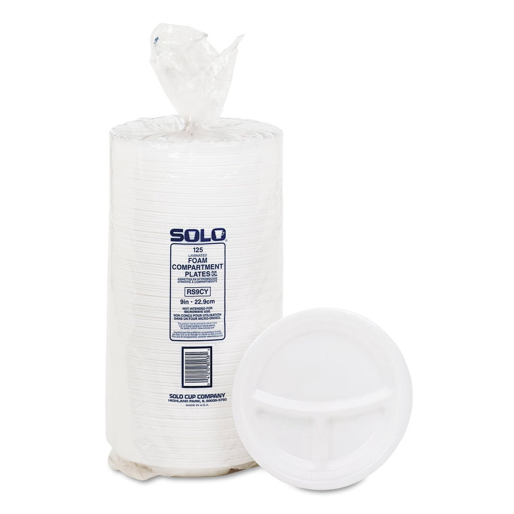 9 in. dia. 3-Compartment Mediumweight Foam Plates - White (125-Piece/Pack)
