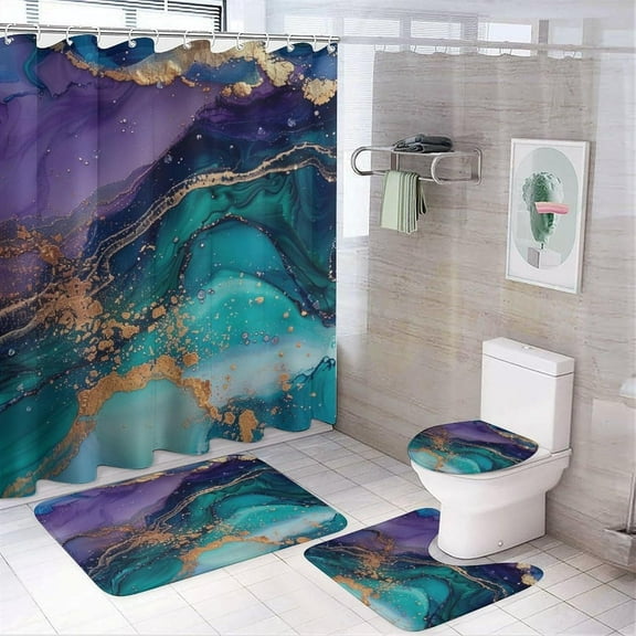 4Pcs Ombre Marble Shower Curtain, Abstract Blue Purple Golden Cracked Lines Shower Curtain Sets with Toilet Lid Cover, U-Shaped Mat and Non-Slip Rugs, Bathroom Decor Set, 72" x 72"