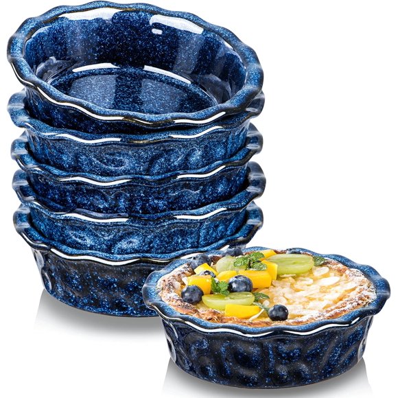 Ceramic Pie Pan for Baking - 5.5 inch Small Pie Plates Deep Dish Round Pot Casserole Mini Serving Bowl, Microwave Oven Safe for Dessert Apple Pie Cake Tart Pizza, Set of 6 - Blue