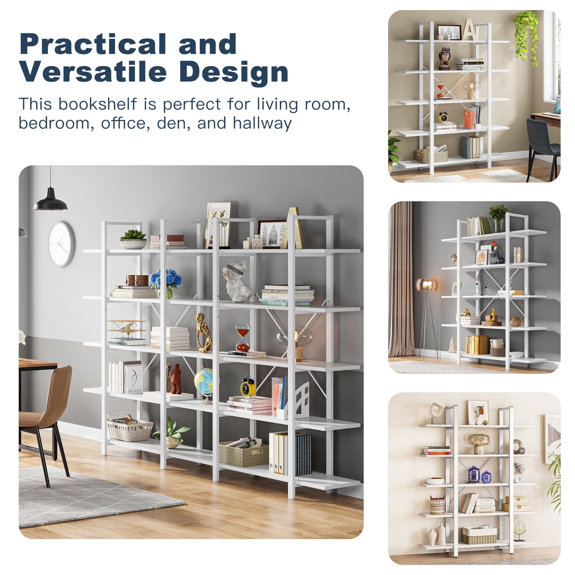 Demi Bonn 5 Tier Bookshelf, Bookshelves, Open Etagere Bookcase Shelf Storage Organizer, Free Standing Storage Shelving Unit for Bedroom, Living Room and Home Office, White