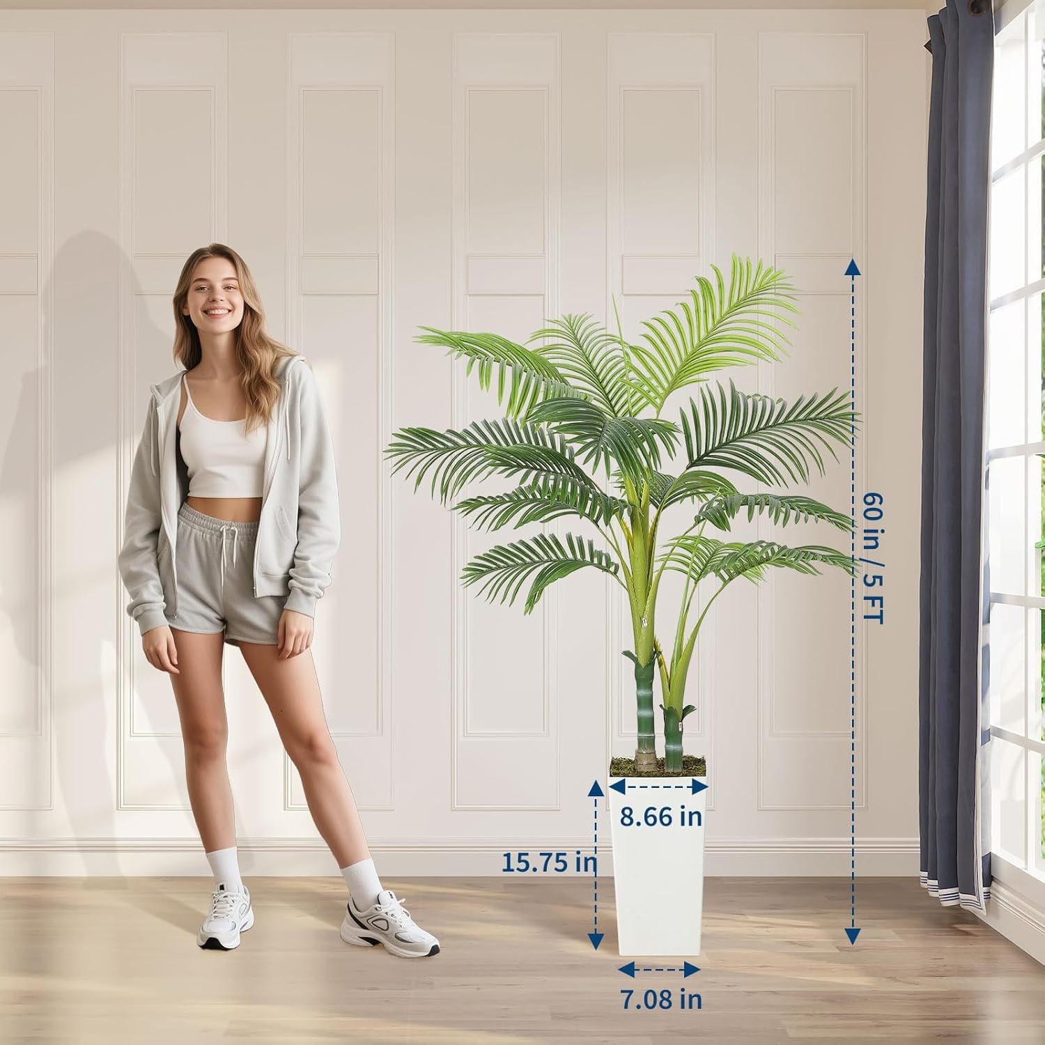 5FT Artificial Palm Tree Indoor Outdoor - 60 Inch Fake Silk Palm Plant with Realistic Fronds & 2 Trunks, White Tall Planter with Concrete Base & Faux Moss, Home Decor for Living Room, Office, Hotel