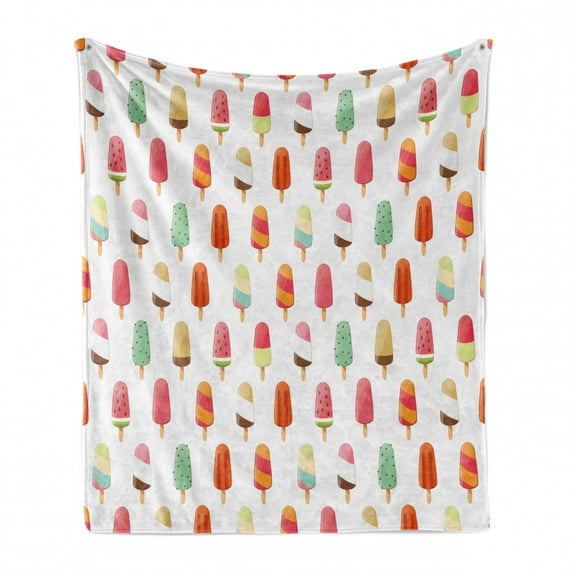 Ice Cream Soft Flannel Fleece Throw Blanket, Watermelon Kiwi Orange Cherry and Chocolate Flavor Ice Cream Illustration, Cozy Plush for Indoor and Outdoor Use, 50" x 70", Multicolor, by Ambesonne