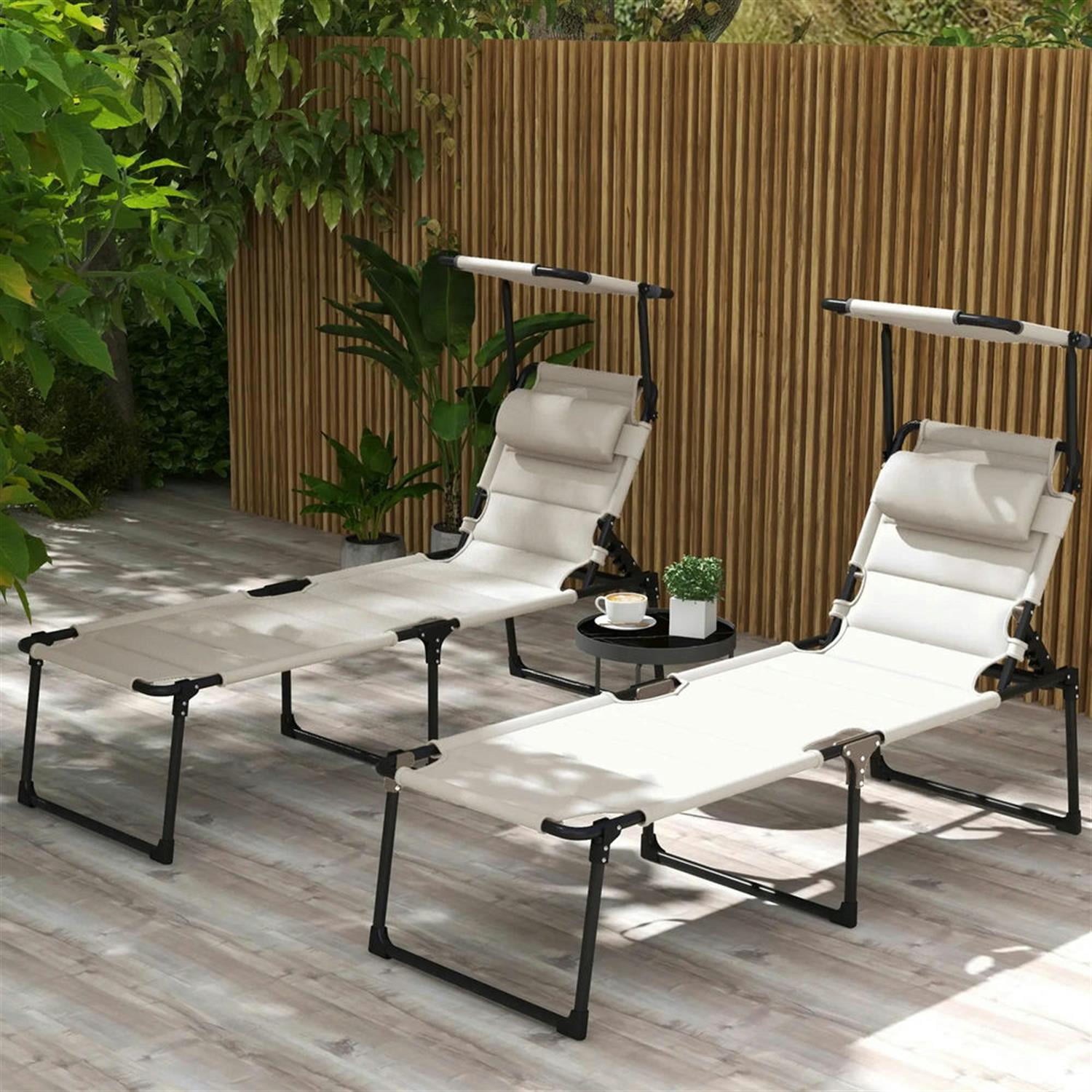 Demi Bonn 2-Piece Outdoor Folding Lounger Chair with 4-Position Backrest, Comfortable Cushions & Sun Canopy for Beach, Yard, Patio, White