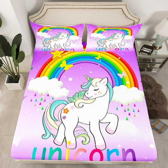 Unicorn Fitted Sheet Twin Unicorn Butterfly Bed Sheets Cute Rainbow Unicorn Print Sheets Girly Galaxy Stars Bedding Set Bedroom Decor Cartoon Unicorn Bed Set,Purple 2 Piece
