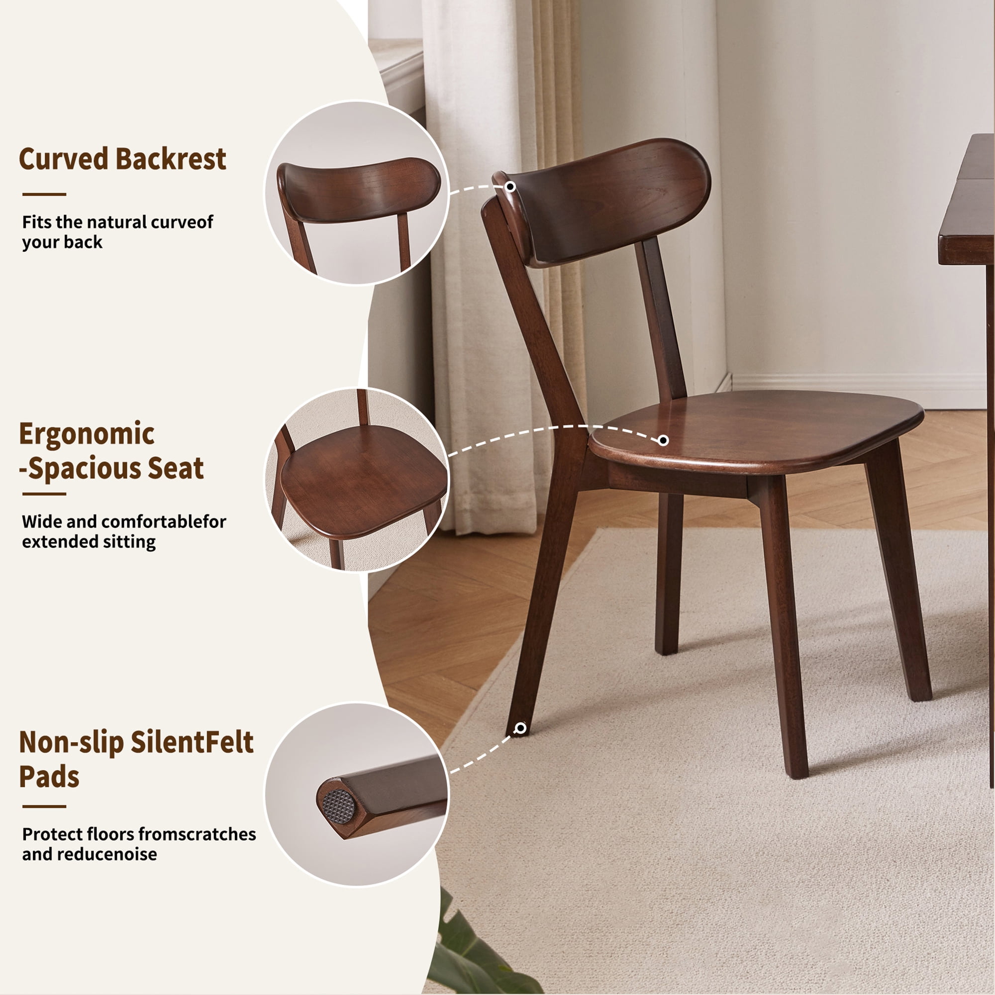 Dining Chairs Set of 2, Solid Rubberwood Kitchen Chairs with Curved Backrest, Wooden Accent Chairs for Vanity and Breakfast Nook, Dark Walnut