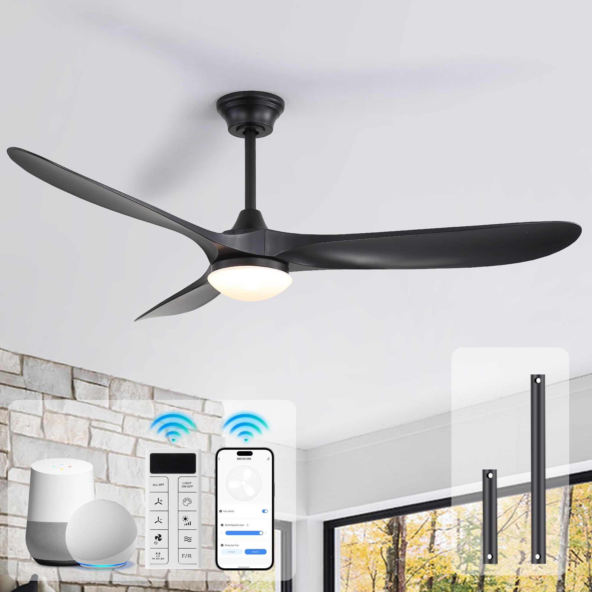 Sofucor 60 Inch Ceiling Fans with Light Compatible with Alexa/Google/App 3 Blades Reversible DC Motor Timer for Kitchen Bedroom Living Room Dining Room Farmhouse (burlywood)