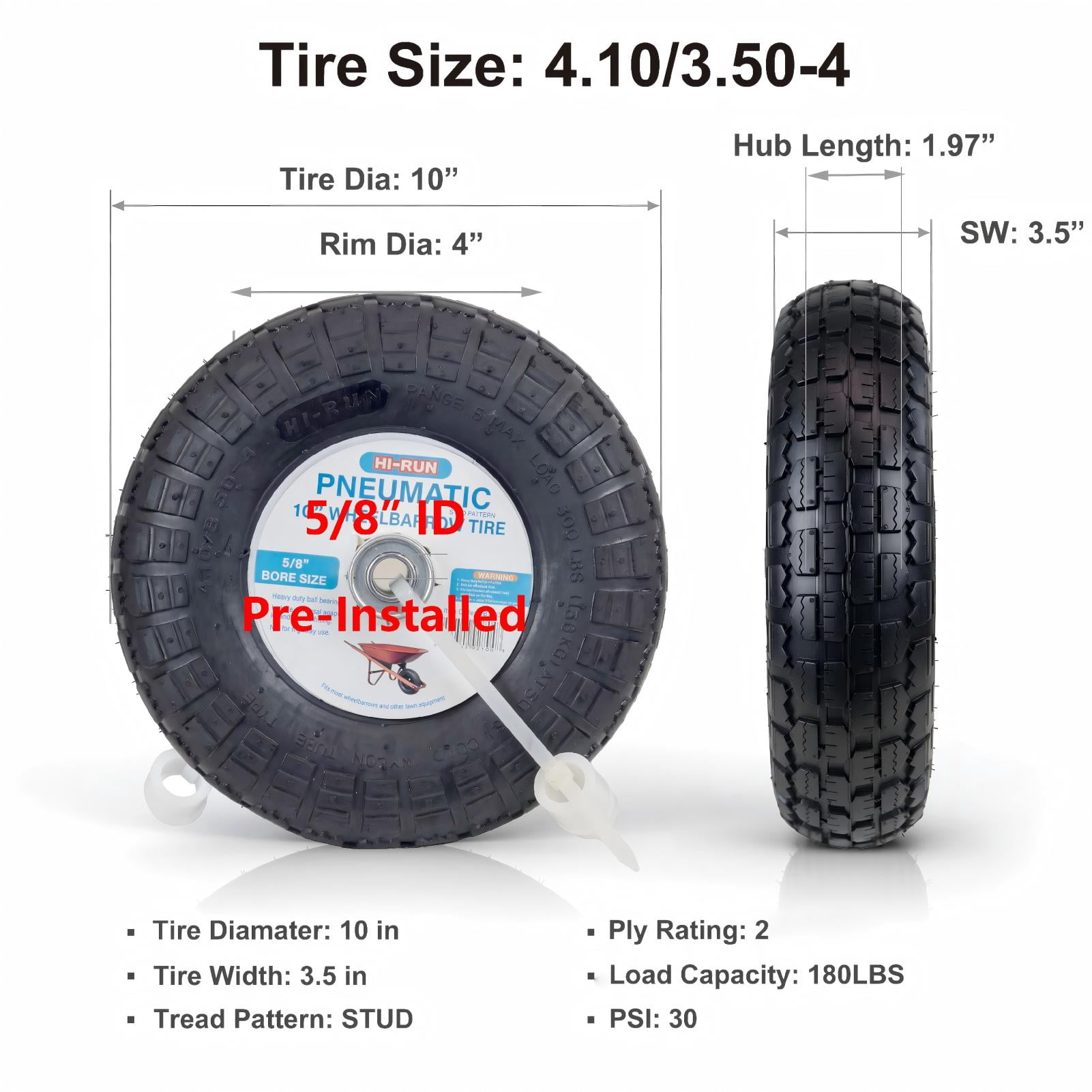 Hi-Run Stud 4.10/3.50-4 Wheelbarrow Tire Pneumatic Assembly with 5/8" Bushing Pre-Mounted
