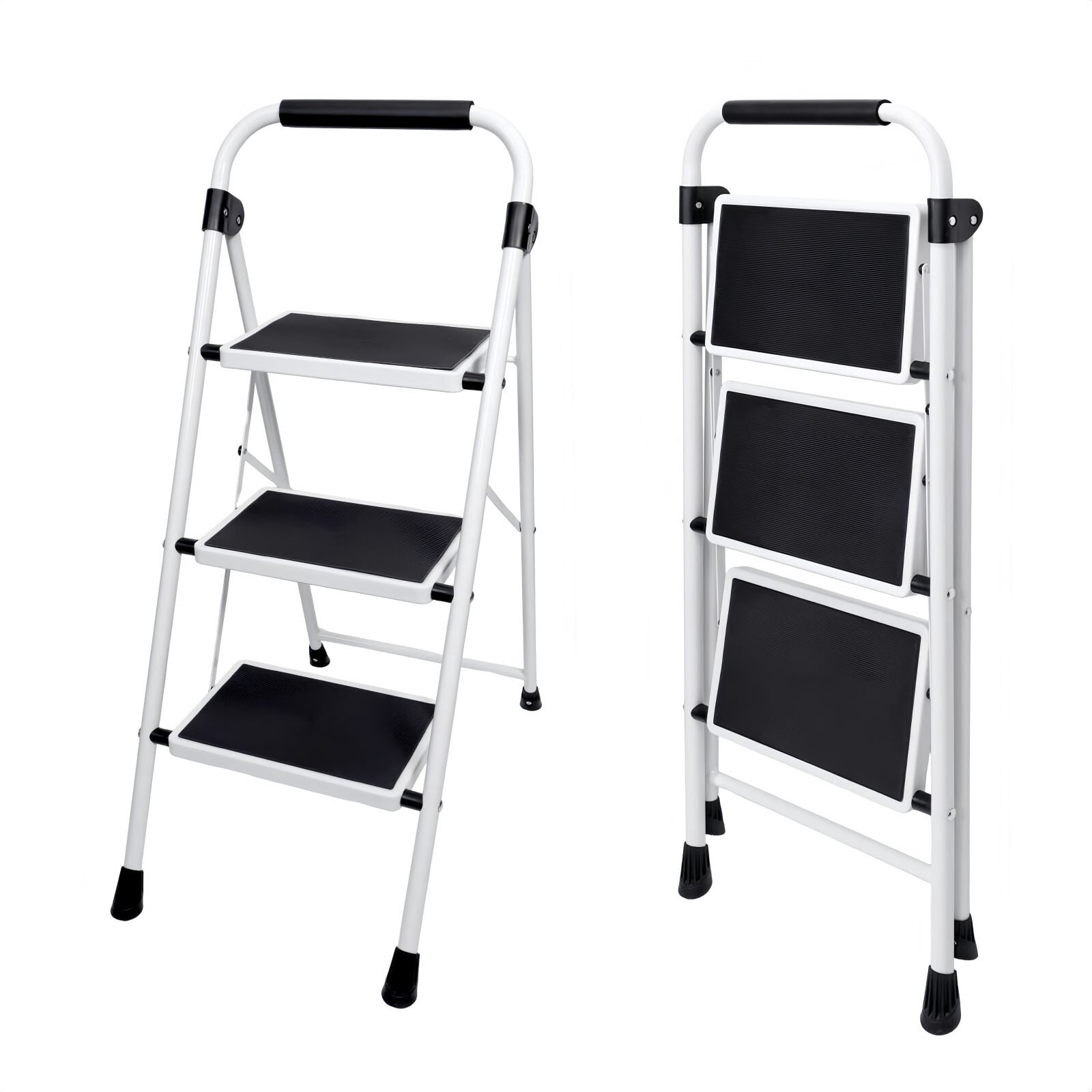 Kelno 3 Step Folding Step Stool 330Lbs Heavy Duty Step Ladder with Anti Slip Pedals Safety Handrail, Black White