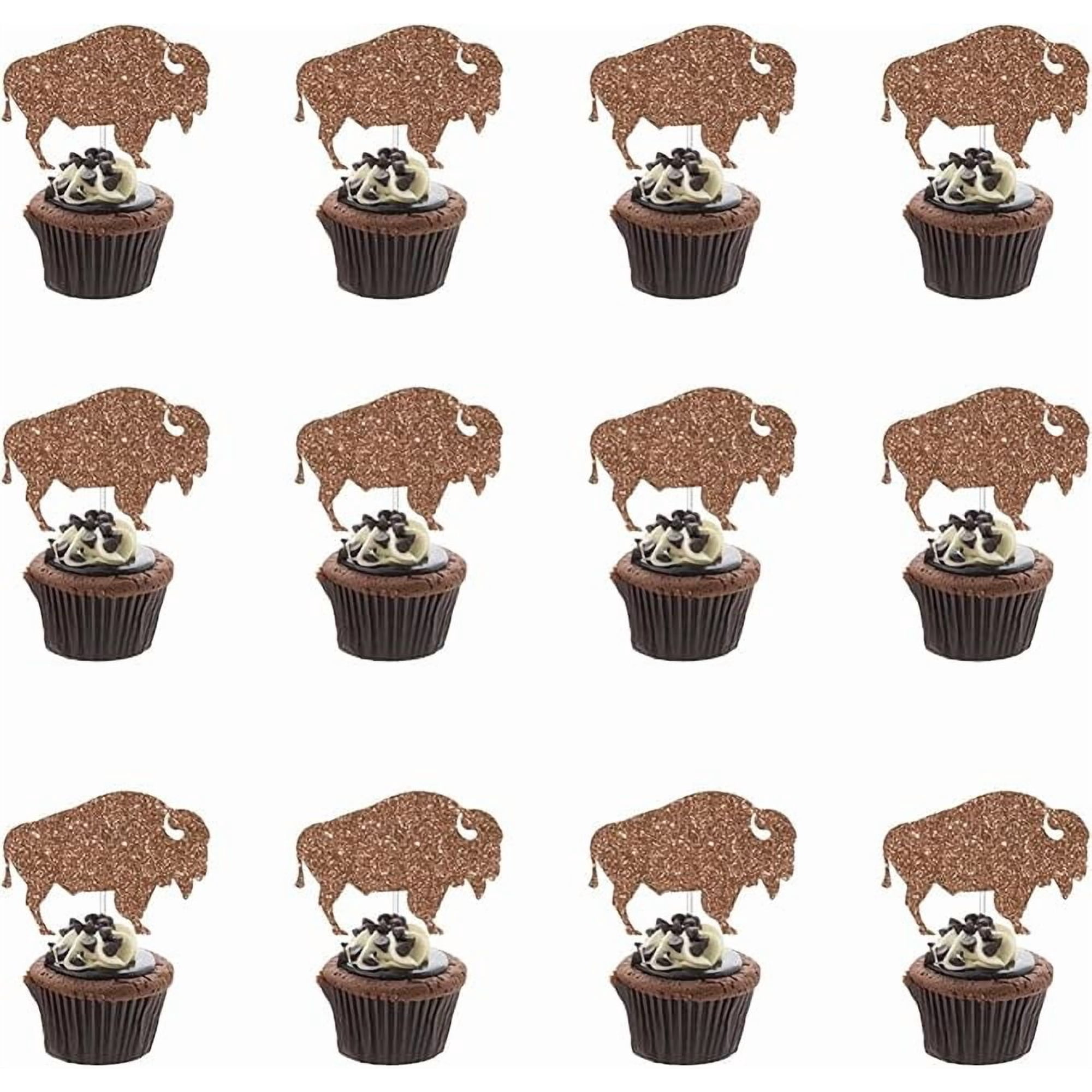 24Pcs Brown Bison Cake Decorations, Buffalo Cake Topper, Glitter Western Bison Cake & Cupcake Topper for Boys Baby Shower Western Farm Animals Theme Wild West Party Decoration Supplies