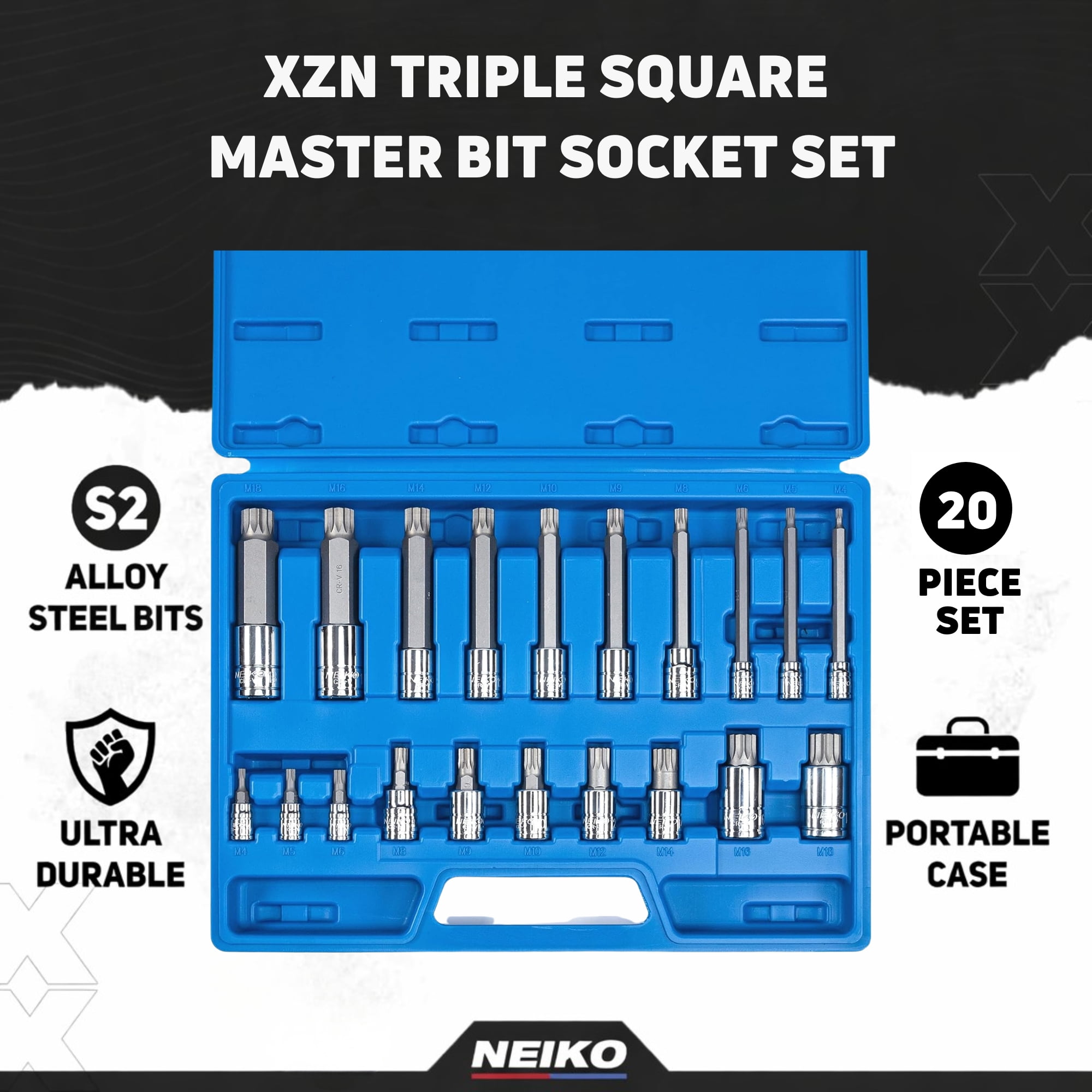 NEIKO 10057A XZN Triple Square Bit Set, 20-Piece Set, Spline Socket Set, Extra Long 4” Triple Square Socket Set, 4mm to 18mm, 12 Point Socket Set Tamperproof, Square Drive Socket Bit, S2 & Cr-V Steel